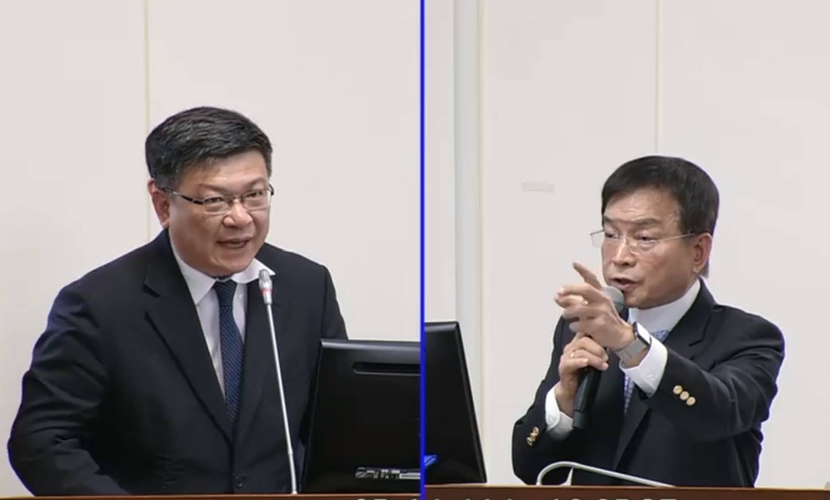 國民黨立委賴士葆(右)14日質詢台電董事長曾文生(左)時表示，台電若能承諾到2028年都不漲電價，他就願意支持撥補台電1000億元。圖/翻攝自國會頻道