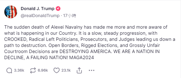 川普19日在社群媒體發聲提及納瓦尼。圖/取自Donald J. Trump  @realDonaldTrump