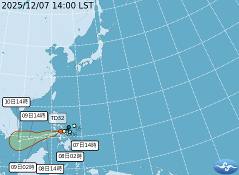 熱帶性低氣壓TD32預測路徑。圖/取自中央氣象署