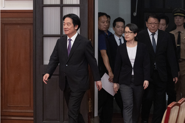 823第二波大罷免投票後，賴清德總統率同副總統蕭美琴、總統府秘書長潘孟安發表談話。圖/中央社