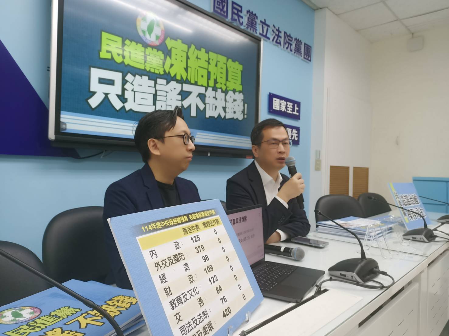 國民黨立委羅智強(右)21日表示，罷藍民團有錢到嚇死人，民進黨的陽謀就是用金山銀山壓死在野黨。左為國民黨立委葛如鈞。圖/記者簡立欣攝