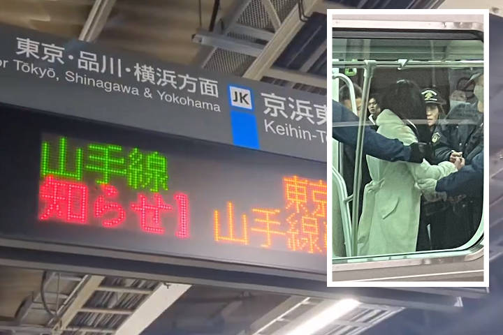 JR山手線發生隨機砍人事件，犯案女子（白框內）已遭逮捕。圖/取自《推特》神奈川某町+Kyotonese.eth