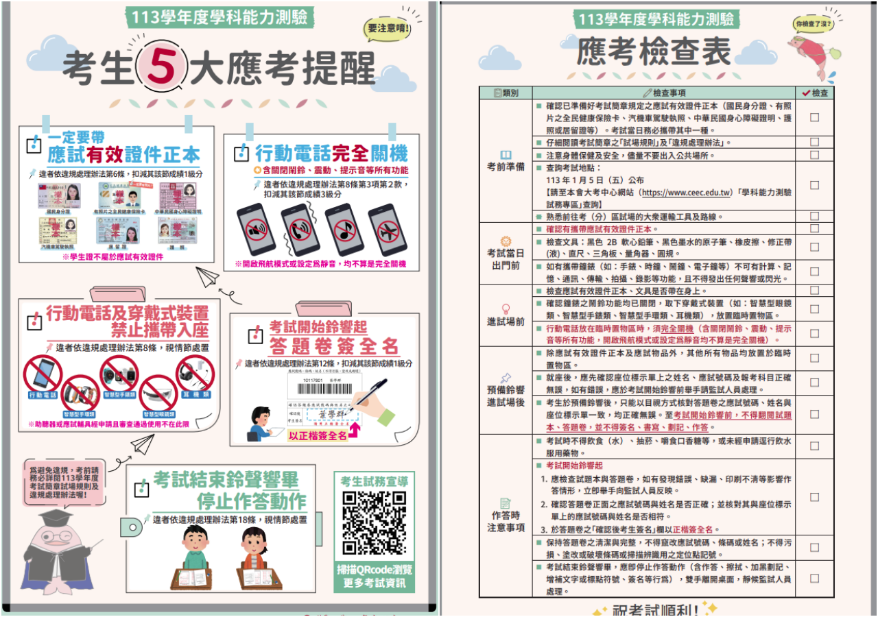 大考中心提醒考生行前務必詳閱違規內容以免被扣分處理。圖/翻攝自大考中心網站