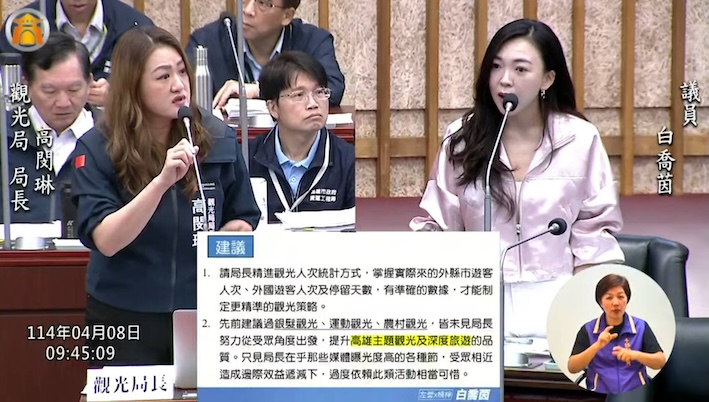 高雄市議員白喬茵（右）批評高雄市觀光局的觀光產值評估不夠準確。圖／白喬茵服務處提供