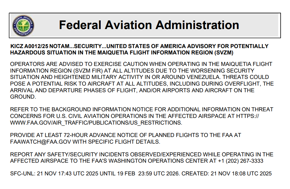 FAA發布為期90天的警告。圖/取自FAA官網