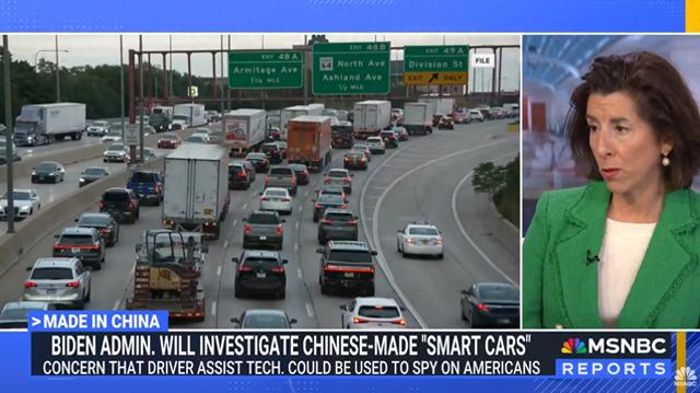 美國商務部長雷蒙多受訪說，中國製造的智慧型汽車如裝了輪子的蘋果手機，不斷收集美國人資料。圖／取自MSNBC視訊截圖 
