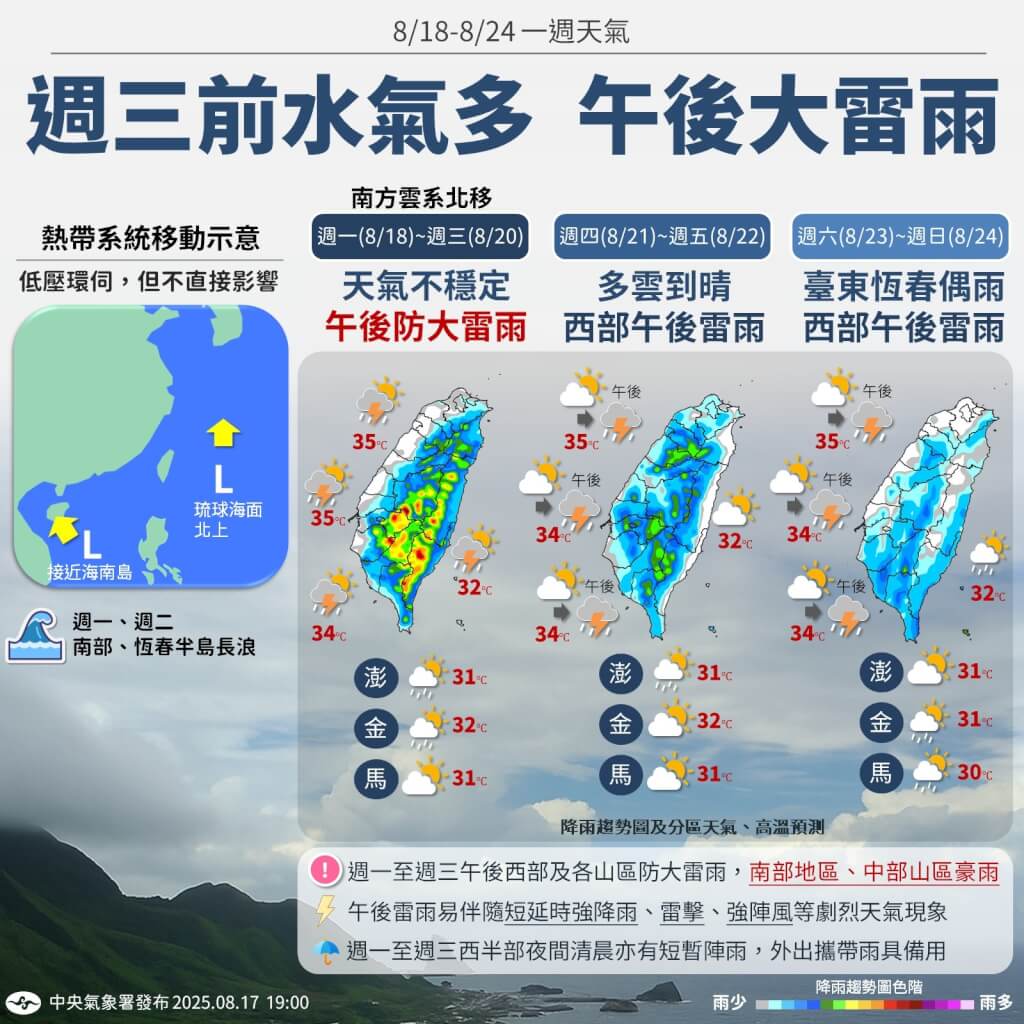 本周天氣預測。圖/取自中央氣象署