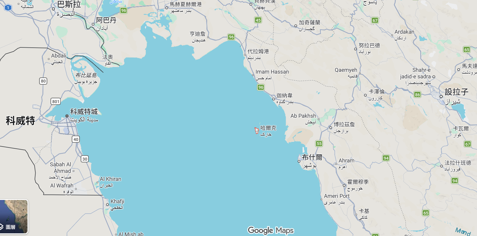 哈格島位於伊朗西邊波斯灣內海,是伊朗石油設施的重要基地。圖中的哈爾克島即哈格島。圖/取自Google Maps