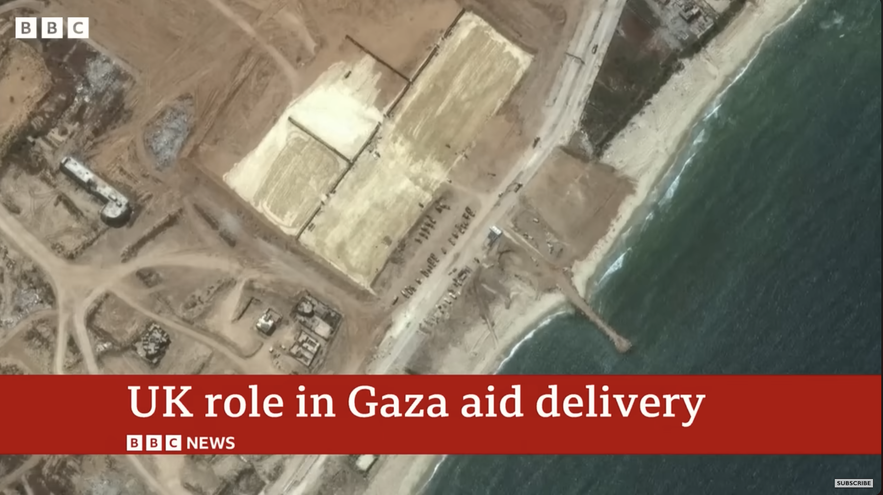 美軍已開始在加薩海岸建造大型浮動碼頭。圖/翻攝自BBC News
