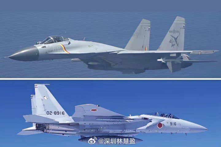 日F-15J戰機日前在沖繩以東海空域，與大陸遼寧艦艦載機殲-15發生空中對峙。圖/取自深圳林慧盈微博