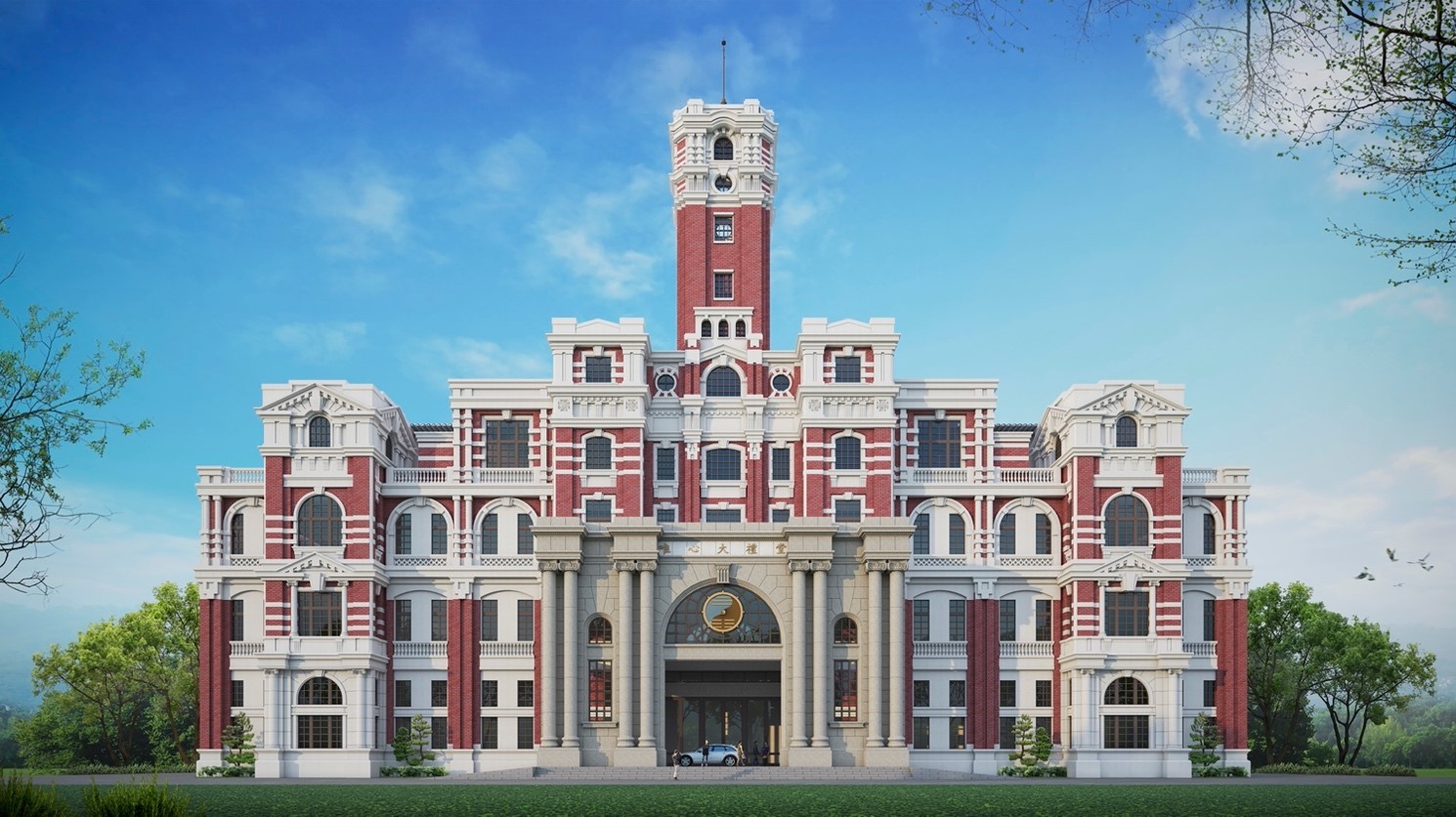 唯心聖教大禮堂外觀神似總統府，引發各界關注，完工後有望成為南投新地標。圖/取自南投縣政府