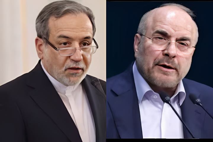 伊朗外長阿拉格奇（左）強硬表示，不再將與美國對話或談判列入選項；國會議長卡利巴夫（右）更稱，必須讓侵略者得到教训。圖/翻攝自PBS NewsHour 、CNN-News18 YouTube頻道