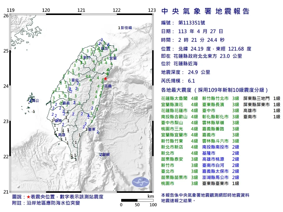 中央氣象署發布凌晨2點21分規模6.1地震報告。圖／中央氣象署提供