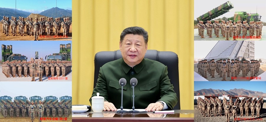 中共軍委會主席(中)利用視訊對中共各級軍隊講話。圖/取自中國全國政協委員會