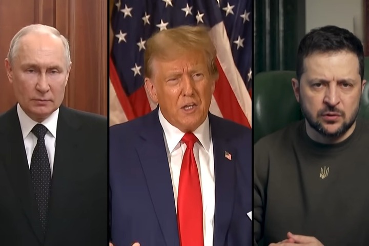 烏克蘭總統澤倫斯基（右）呼籲與川普（中）及普丁（左）舉行三方峰會。圖/取自印度時報《YouTube》官方頻道