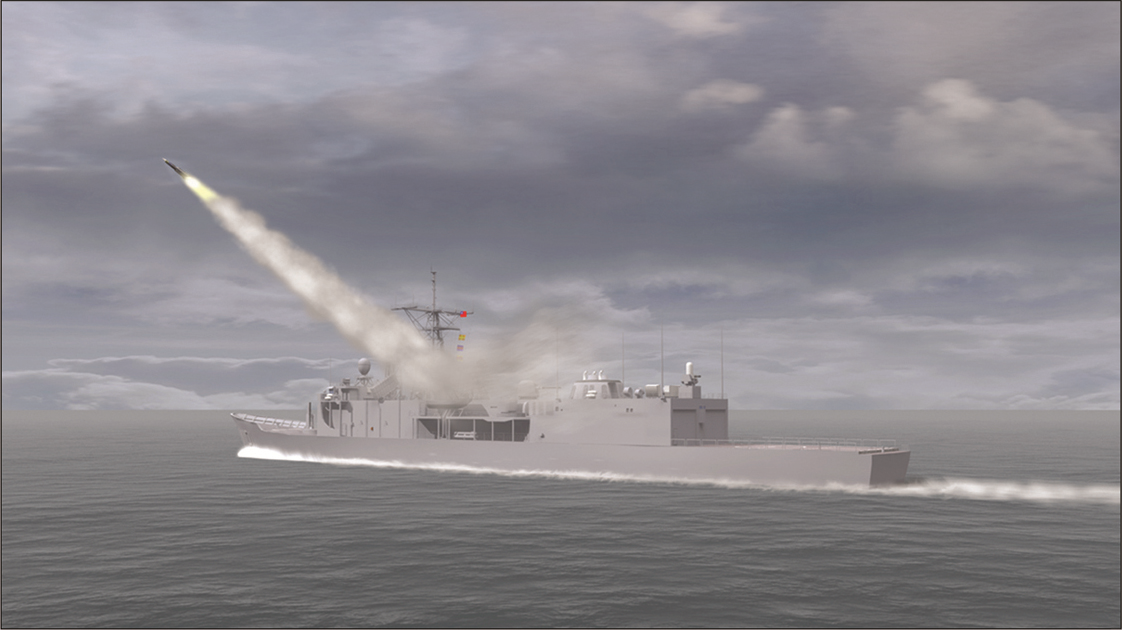 電腦模擬雄三彈於艦上發射之雄姿。圖/取自中科院網站