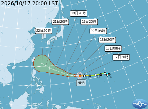強烈颱風強琵預測路徑。圖/取自中央氣象署