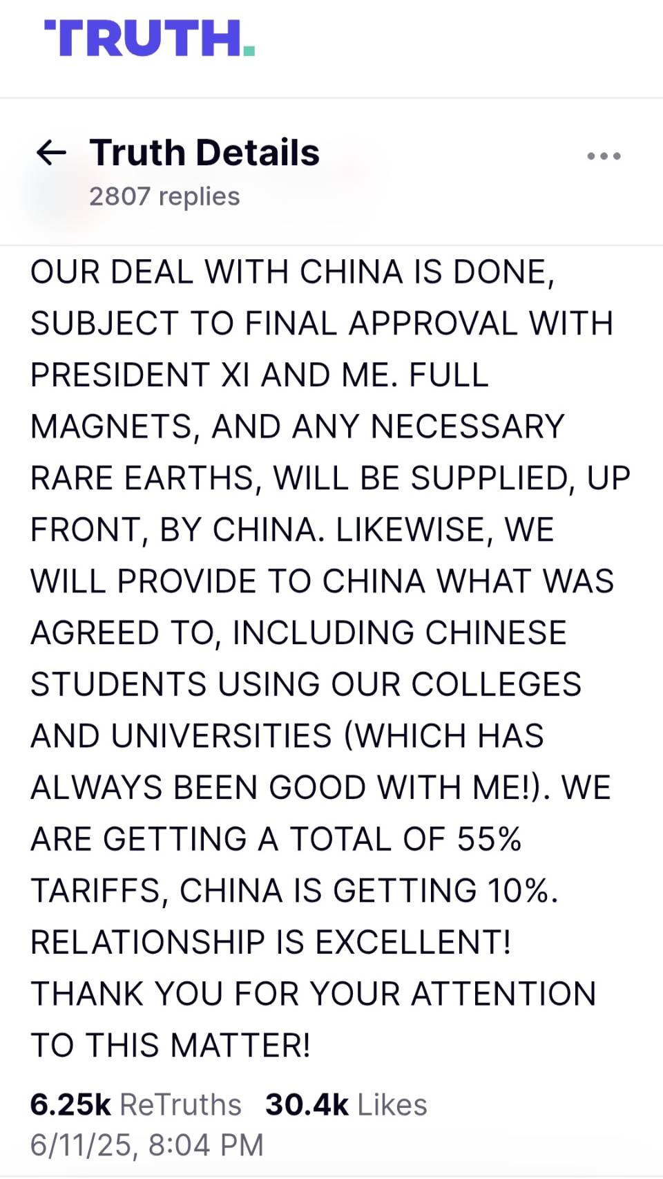 美國總統川普在台北時間11日深夜自社群平台發文，表明中美貿易已達成協議，美將獲得稀土，中方留學生可赴美留學，雙方關稅都將調降。圖／取自Donald J. Trump Truth Social.