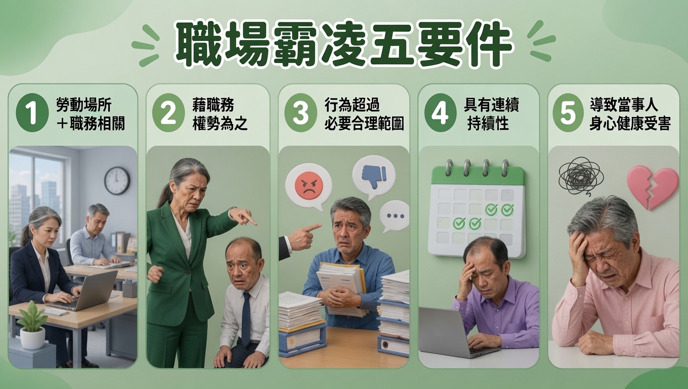 圖為職場霸凌五要件,AI生成,記者於慶中製作。圖/AI生成