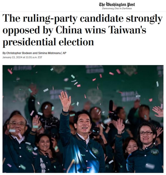 華盛頓郵報大篇幅報導台灣選舉，指賴當選後兩岸無對話可能。圖／取自華盛頓郵報官網截圖