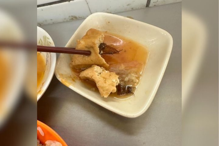 基隆廟口知名滷肉飯店的油豆腐竟包整隻蟑螂屍體,讓受害民眾當場崩潰。圖/取自爆料公社