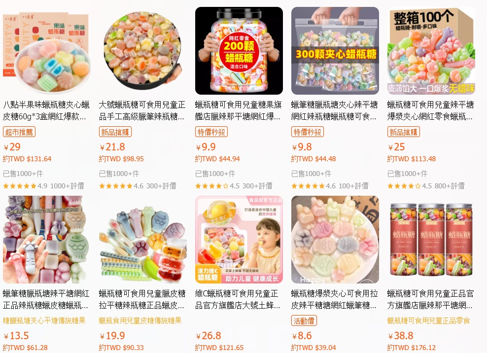 成分不明的蠟瓶糖在大陸爆紅,且已逐漸進入台灣市場。圖/取自淘寶網頁