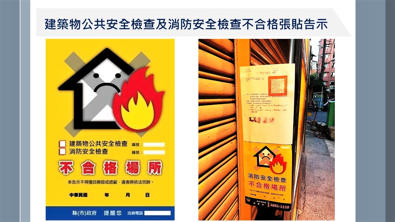 台茂購物中心的門口被張貼多張「建築物公共安全檢查及消防安全檢查不合格張貼告示」。圖/取自消防署 臉書