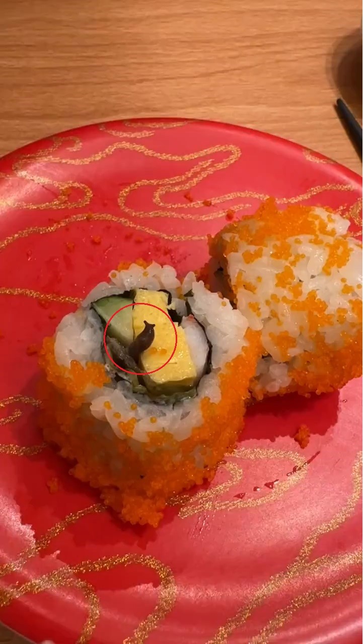 端上桌的壽司裡面有蛞蝓，讓民眾質疑餐廳疏忽食安問題。圖/翻攝爆料公社