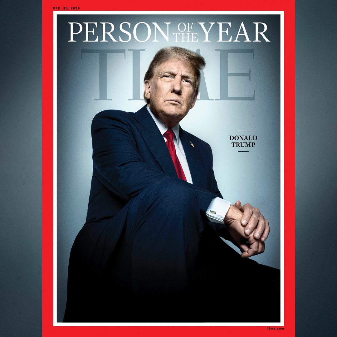 川普再次獲選《時代》雜誌年度風雲人物。圖/取自TIME臉書