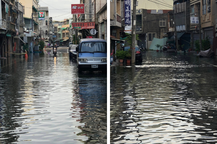 高雄市茄萣區等部分沿海低窪地區受滿潮影響出現淹水情形。圖為多處街道出現積水情況。圖/取自茄萣人厝邊頭尾大小事臉書