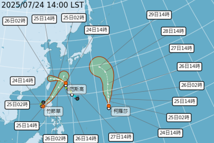 西太平洋海面出現罕見的三颱共舞。圖/取自中央氣象署