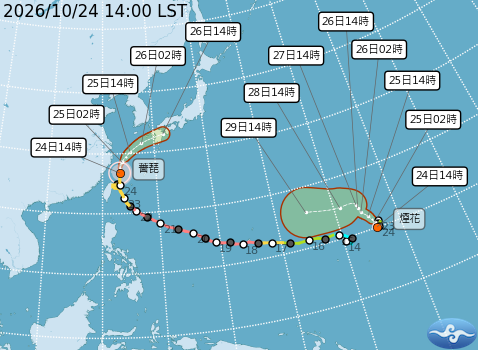 目前太平洋海面仍有2個颱風系統。圖/取自中央氣象署