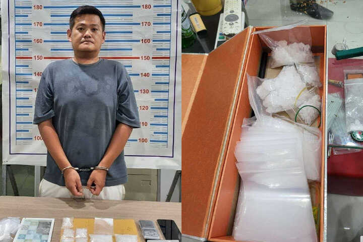 遭逮的39歲嫌犯唐景科（左）與在他住處發現的毒品（右）。圖/已獲《柬中時報》授權使用