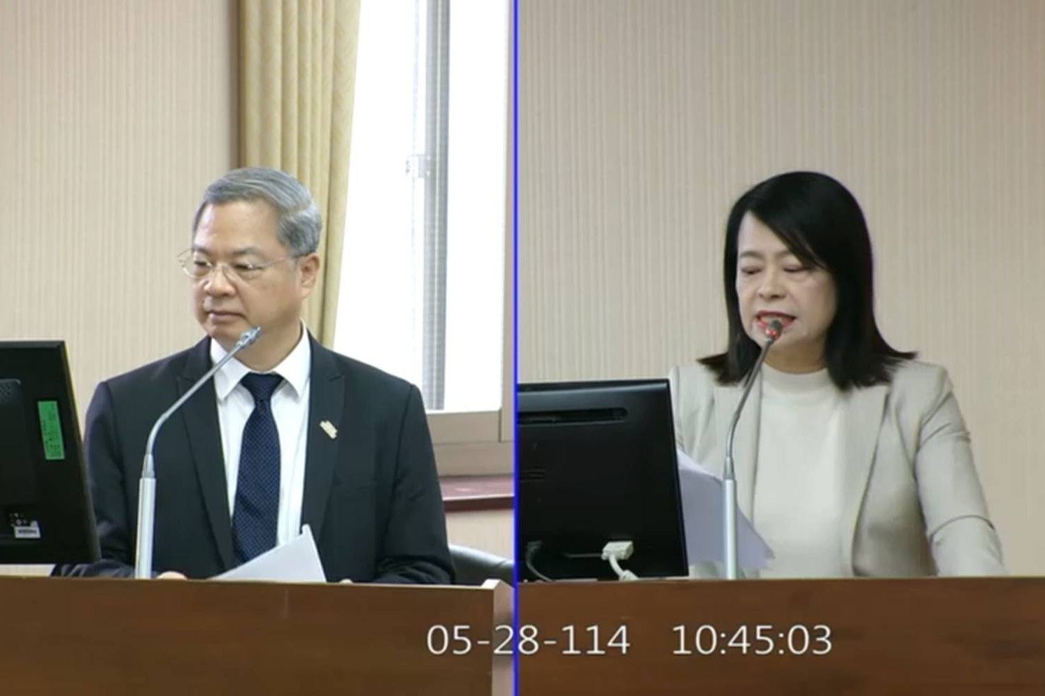 行政院秘書長龔明鑫(左)28日赴立法院內政委員會針對行政院預算解凍案備詢。右邊是國民黨立委許宇甄。圖/翻攝自國會頻道