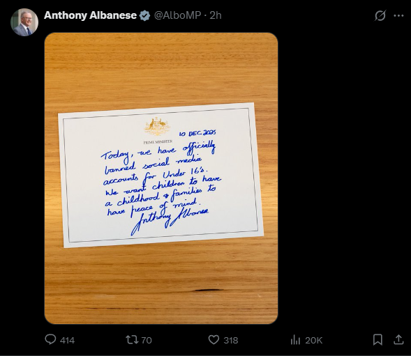 澳洲總理阿爾巴尼斯在X平台寫上他的心情。圖/取自 Anthony Albanese X