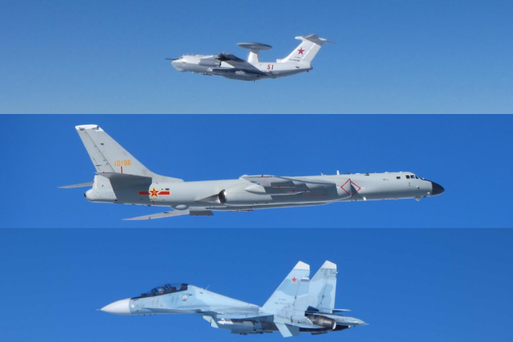 中俄戰機聯合巡航，從上至下分別為俄軍的A-50預警機、共軍的轟6轟炸機、以及俄軍的蘇30戰機。圖/取自日本防衛省官網