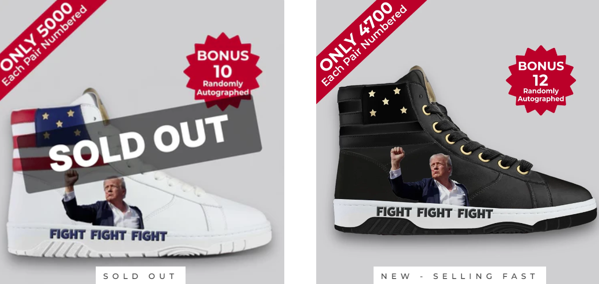 川普推出「遇刺高統鞋」，黑白兩色各限量5,000雙。圖/取自gettrumpsneakers.com網站