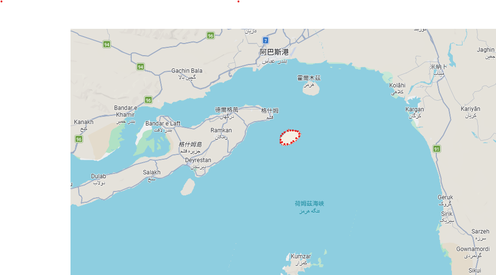 拉熱克島位於伊朗西海岸、格什姆島右側，伊朗在鄰近此區航道開開一條「安全通道」。圖／取自Google Maps