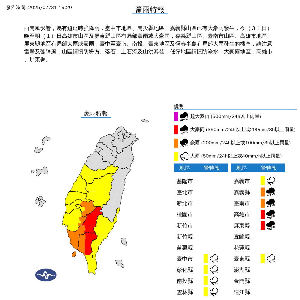 氣象署發布豪雨特報。圖/取自中央氣象署