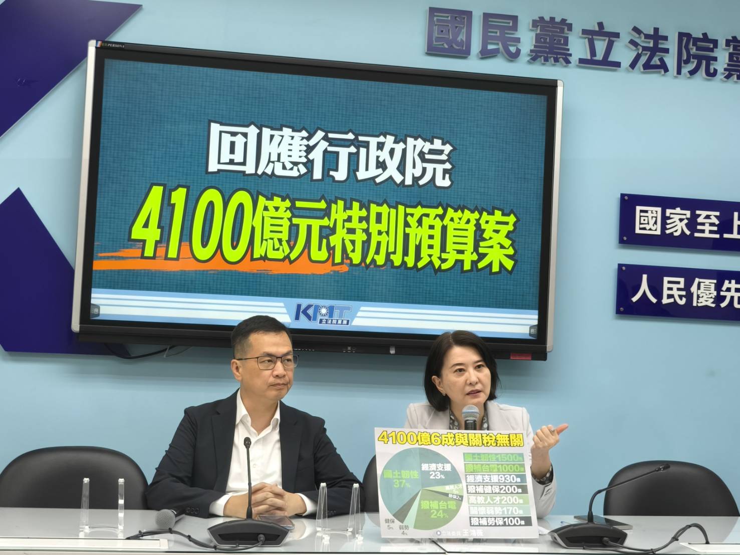 政院因應美國關稅衝擊，提出4100億元特別預算，國民黨團書記長王鴻薇(右)、首席副書記長羅智強(左)24日痛批，多數預算與關稅無關，而是偷渡其他目的。圖/國民黨團提供