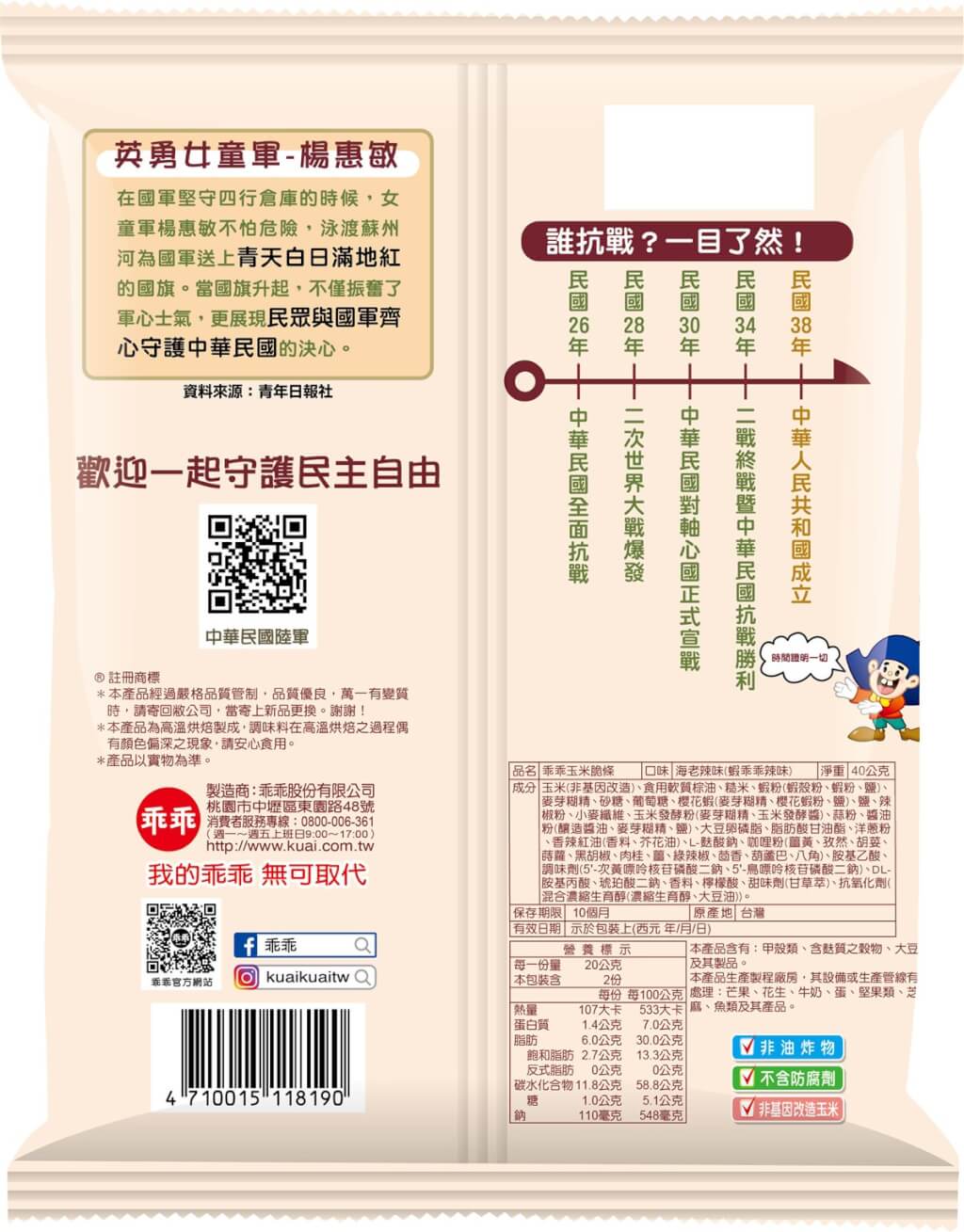 國防部3月公布紀念二戰與抗戰勝利80週年相關活動,包括與乖乖食品公司共同發行3款聯名商品,背面有簡述抗戰話語權的時間軸圖片。圖/國防部提供