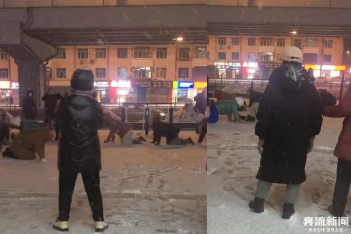 大冷天的運動？哈爾濱大媽雪天街頭「跪地爬行」