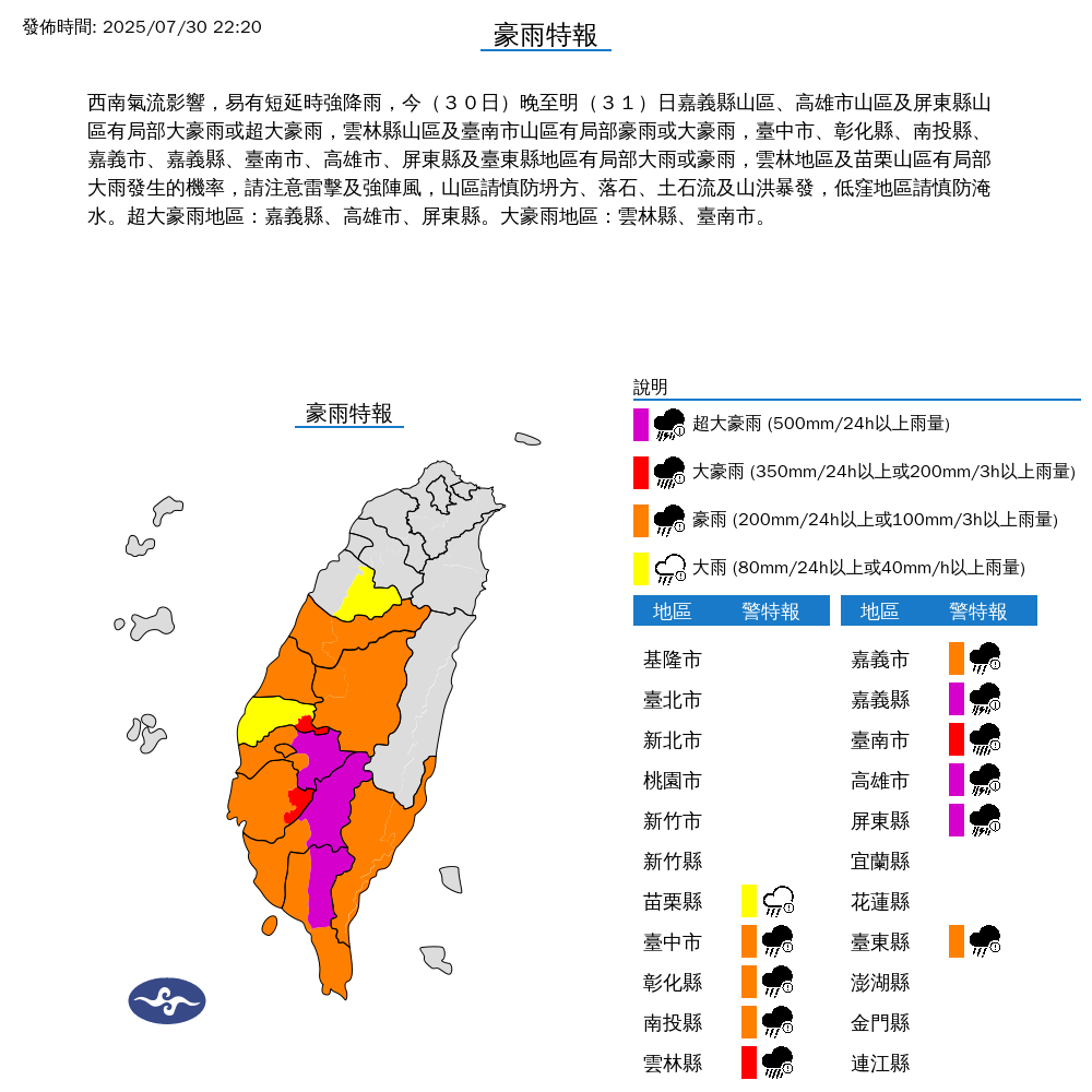 氣象署發布豪雨特報。圖/取自中央氣象署