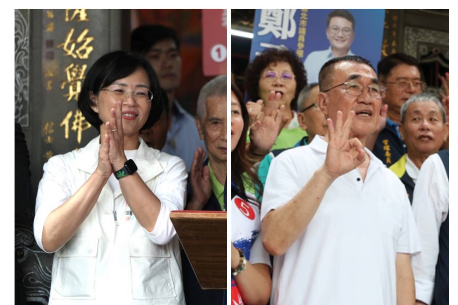 國民黨新北市長候選人李四川(右)27日抽到3號,比出OK手勢,對手蘇巧慧(左)抽到1號拚「1定慧贏」。圖/中央社