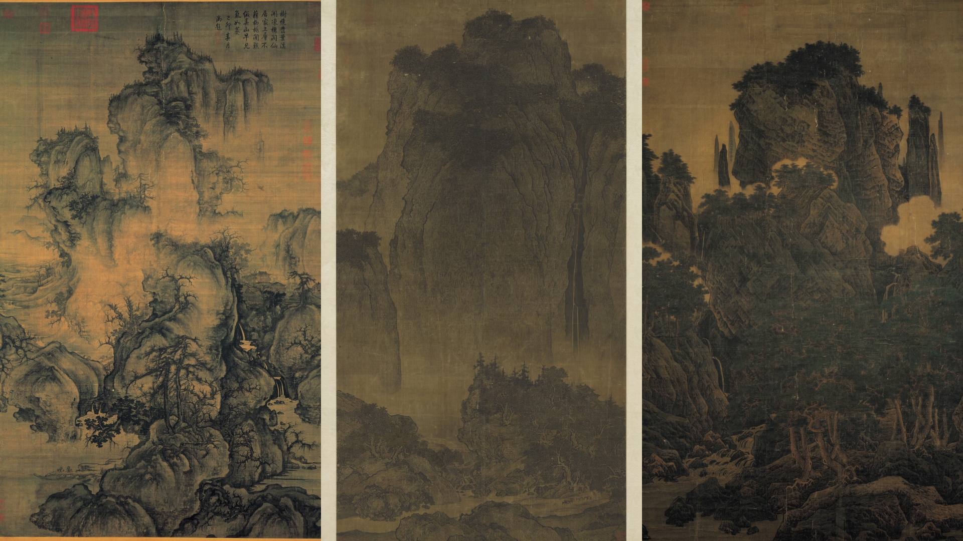 鎮院國寶北宋郭熙〈早春圖〉（左起）、范寬〈谿山行旅圖〉、李唐〈萬壑松風圖〉將首度於故宮南院展出。圖/故宮提供