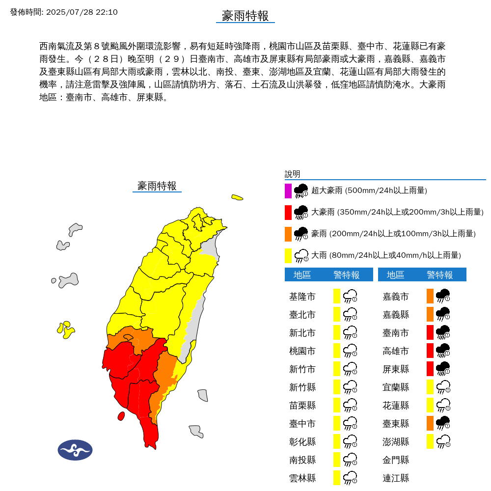 氣象署發布豪雨特報。圖/取自中央氣象署