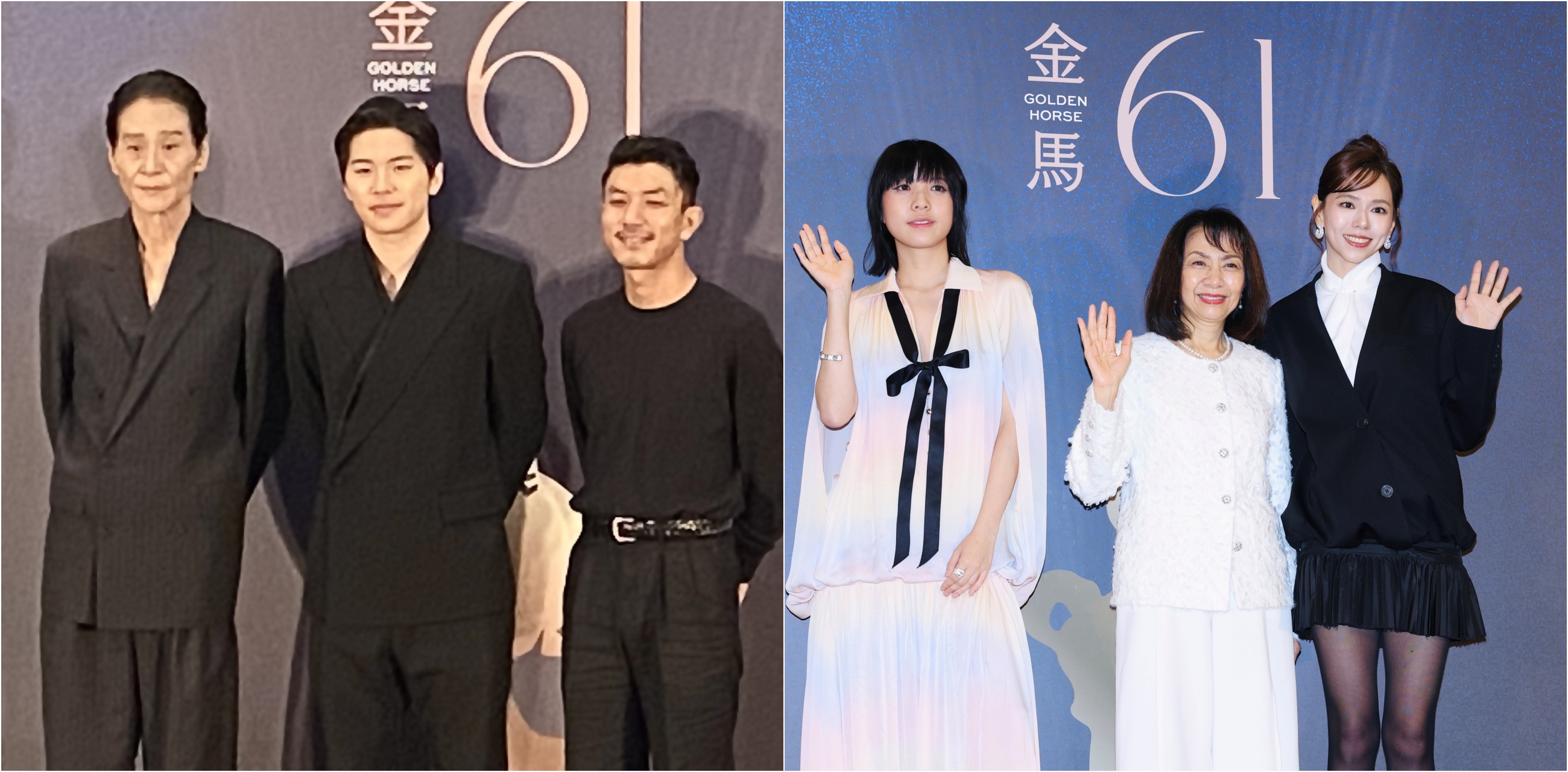 入圍最佳男主角的喜翔（左起）、游學修與萬洛，入圍最佳女主角的鍾學瑩、區嘉雯與夏于喬出席金馬入圍酒會。圖/田瑜萍攝