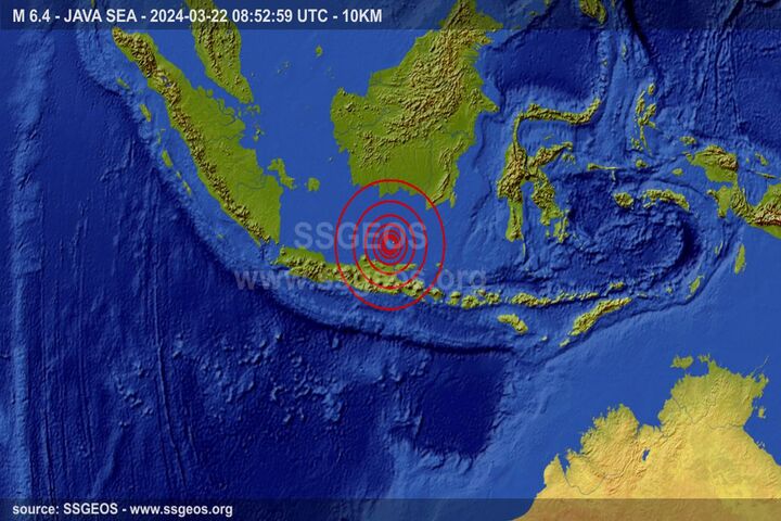 印尼爪哇島近海今天接連發生多起強烈地震。圖/取自SSGEOS《推特》