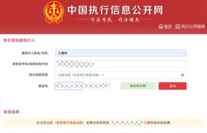 中國執行資訊公開網已無王健林「限高」資訊，限制措施獲解除。圖/取自中國執行資訊公開網