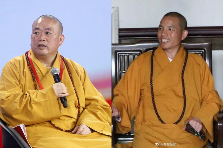 曾破紀錄成為大陸少林寺最年輕方丈的釋永信（左）因貪腐及性醜聞遭調查，由白馬寺方丈印樂法師（右）接任住持。合成照片。圖/取自中新社、央視新聞。